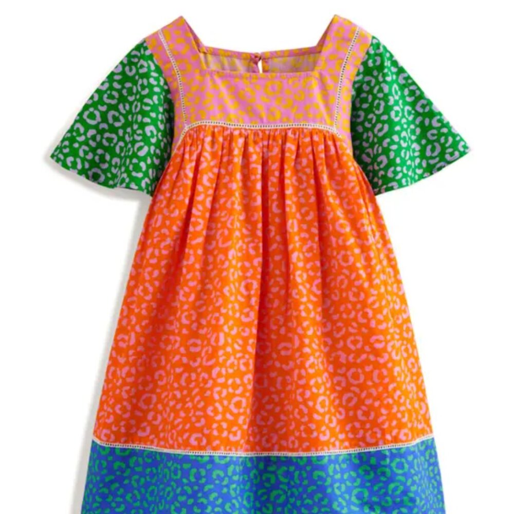 Mini Boden Kids' Colorblock Print Cotton Dress Multi Leopard